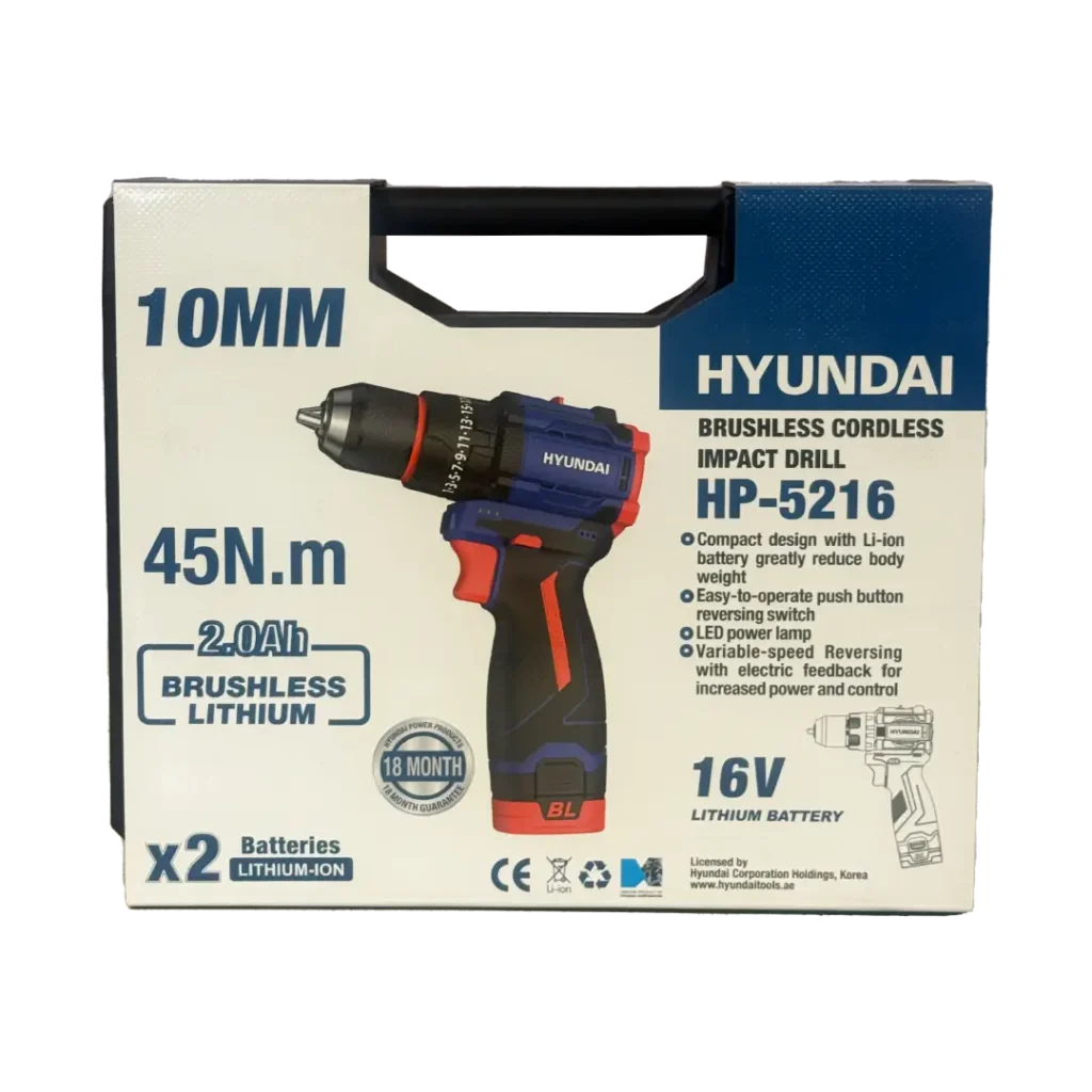 دریل شارژی براشلس چکشی ۱۶ ولت هیوندای مدل HP-5216 (دوباتری)
